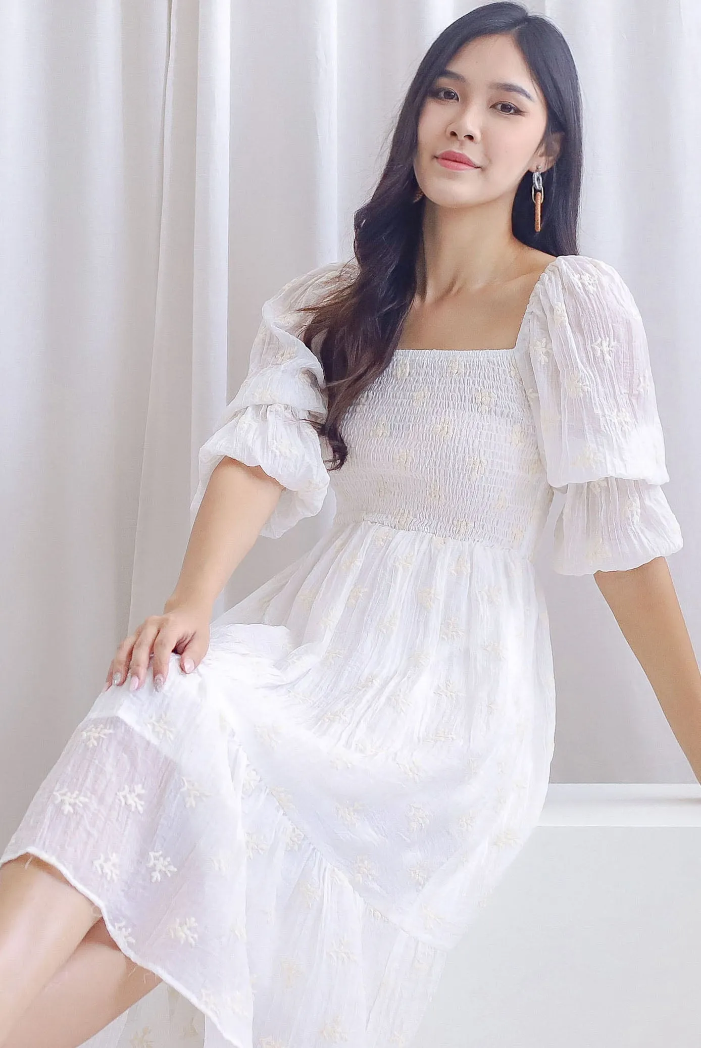 TDC Basha Tiered Puffy Sleeve Maxi Dress In White Embro