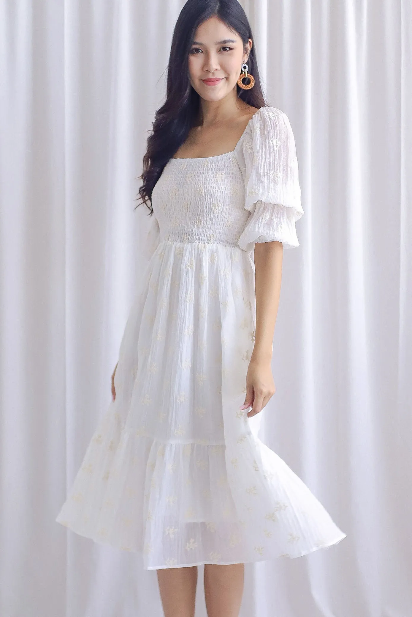 TDC Basha Tiered Puffy Sleeve Maxi Dress In White Embro