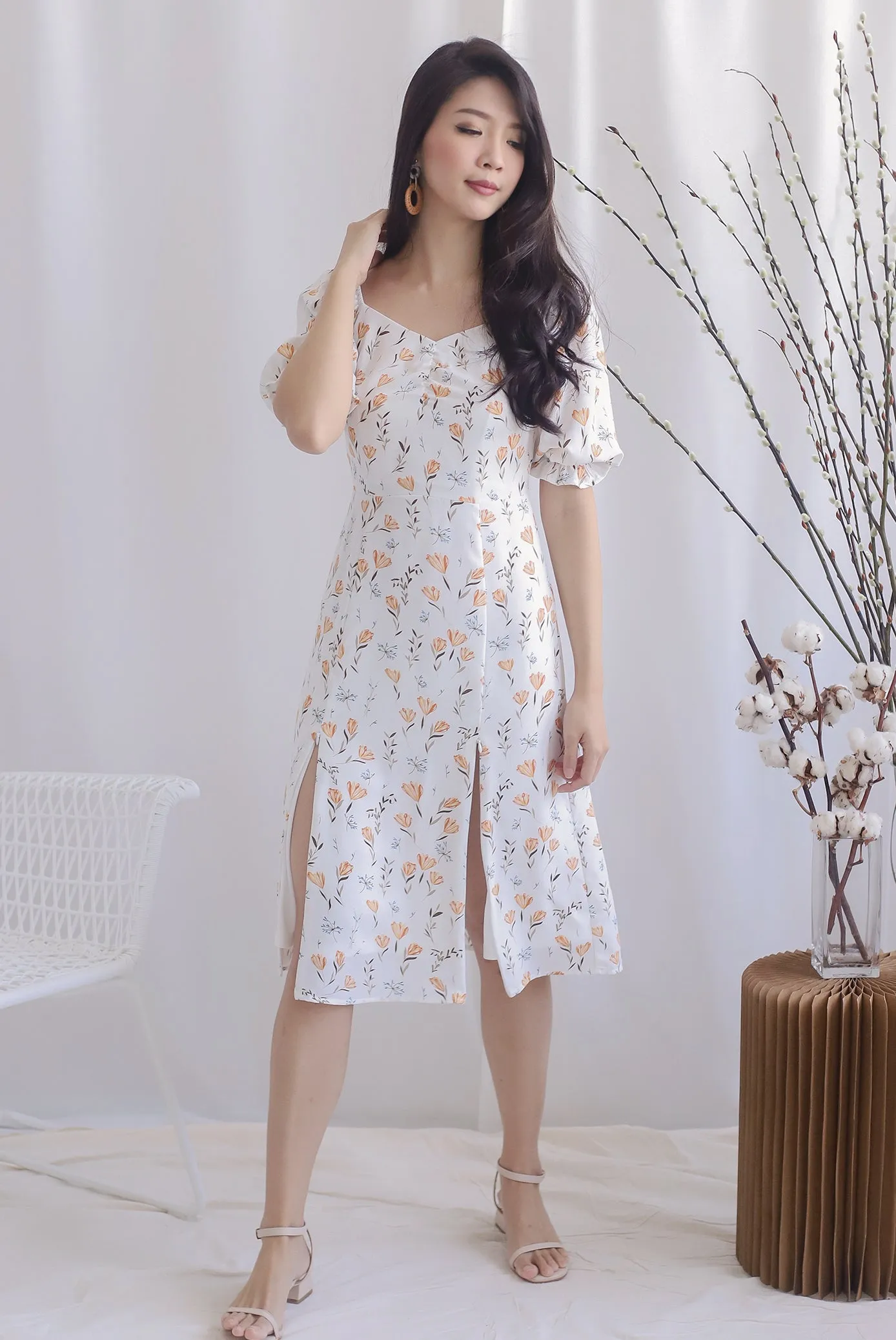 TDC Noelle Zip Slit Midi Dress In White Floral