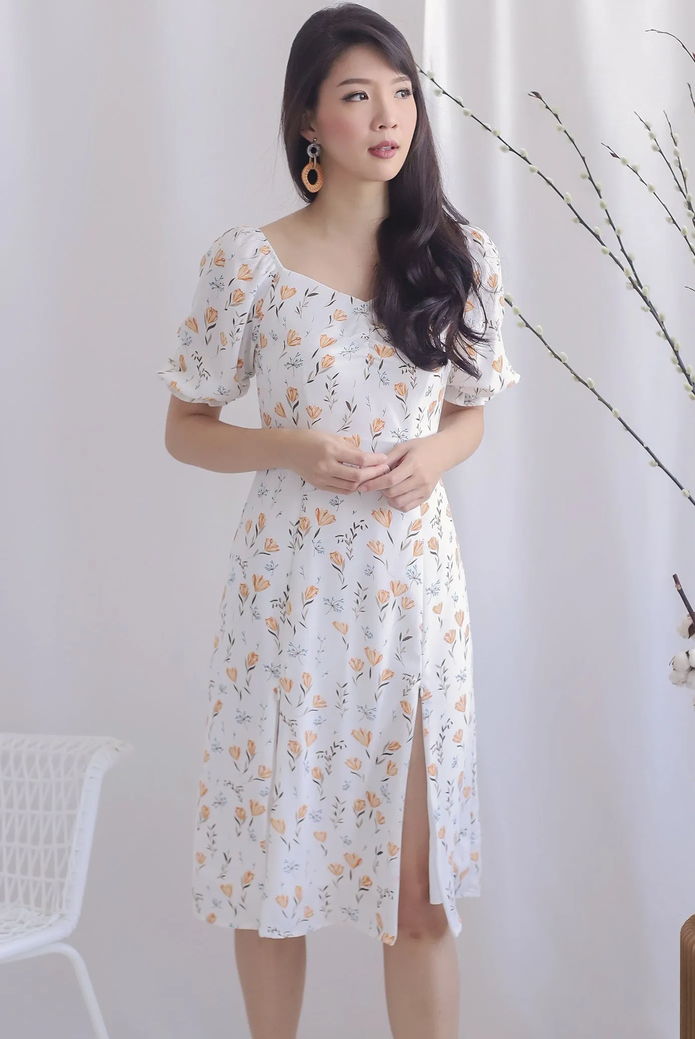 TDC Noelle Zip Slit Midi Dress In White Floral
