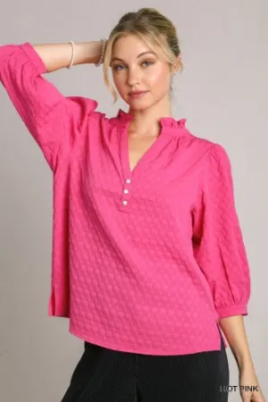 Texture Fabric V Neck Notched 3/4 Sleeve Blouse