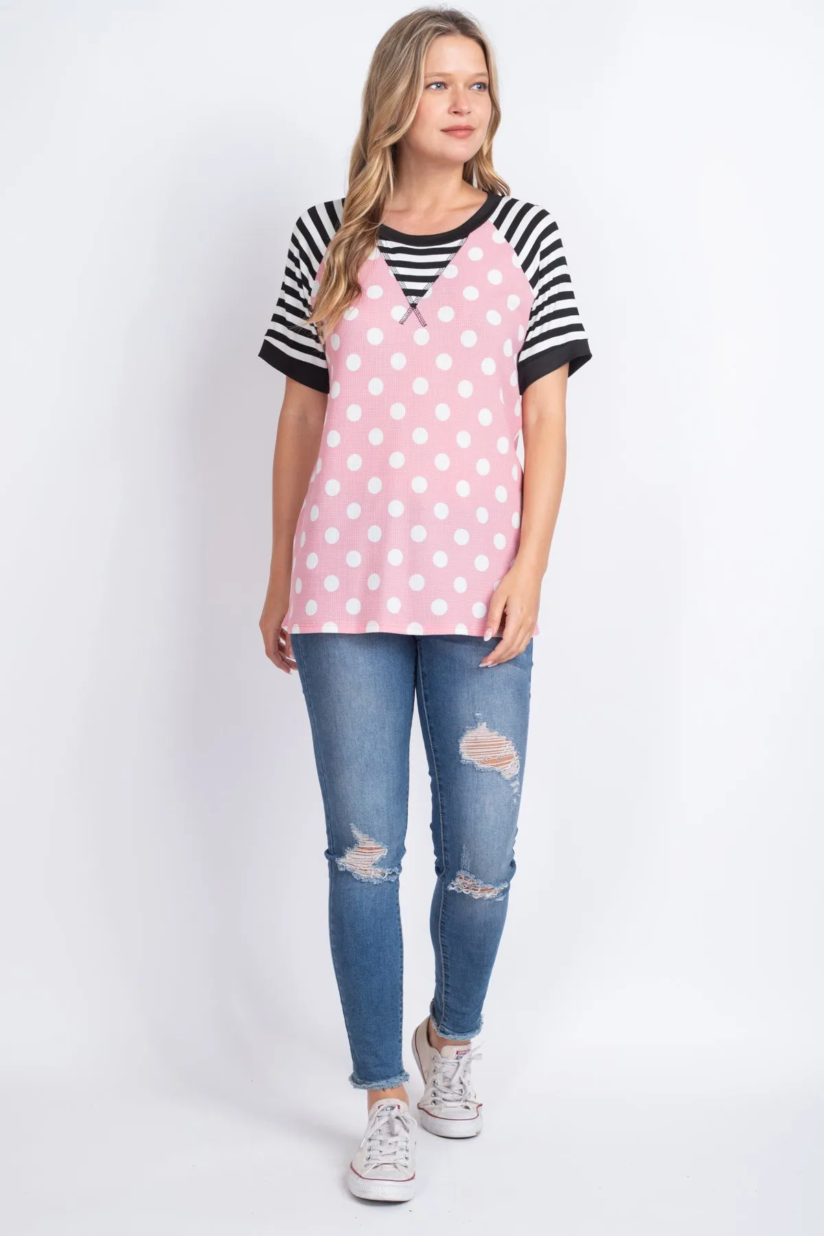 Thermal Polka Stripes Neck and Sleeve Top