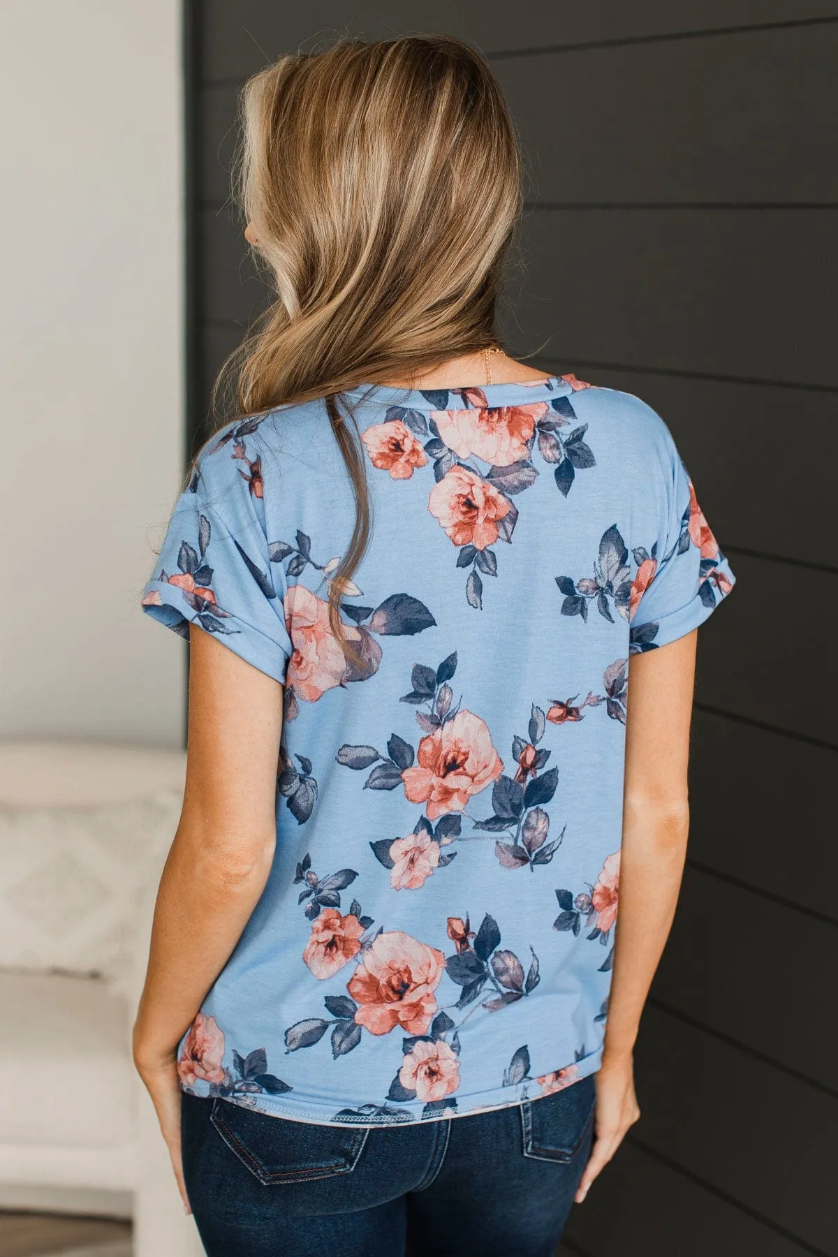 Think Of Me Floral V-Neck Top- Blue