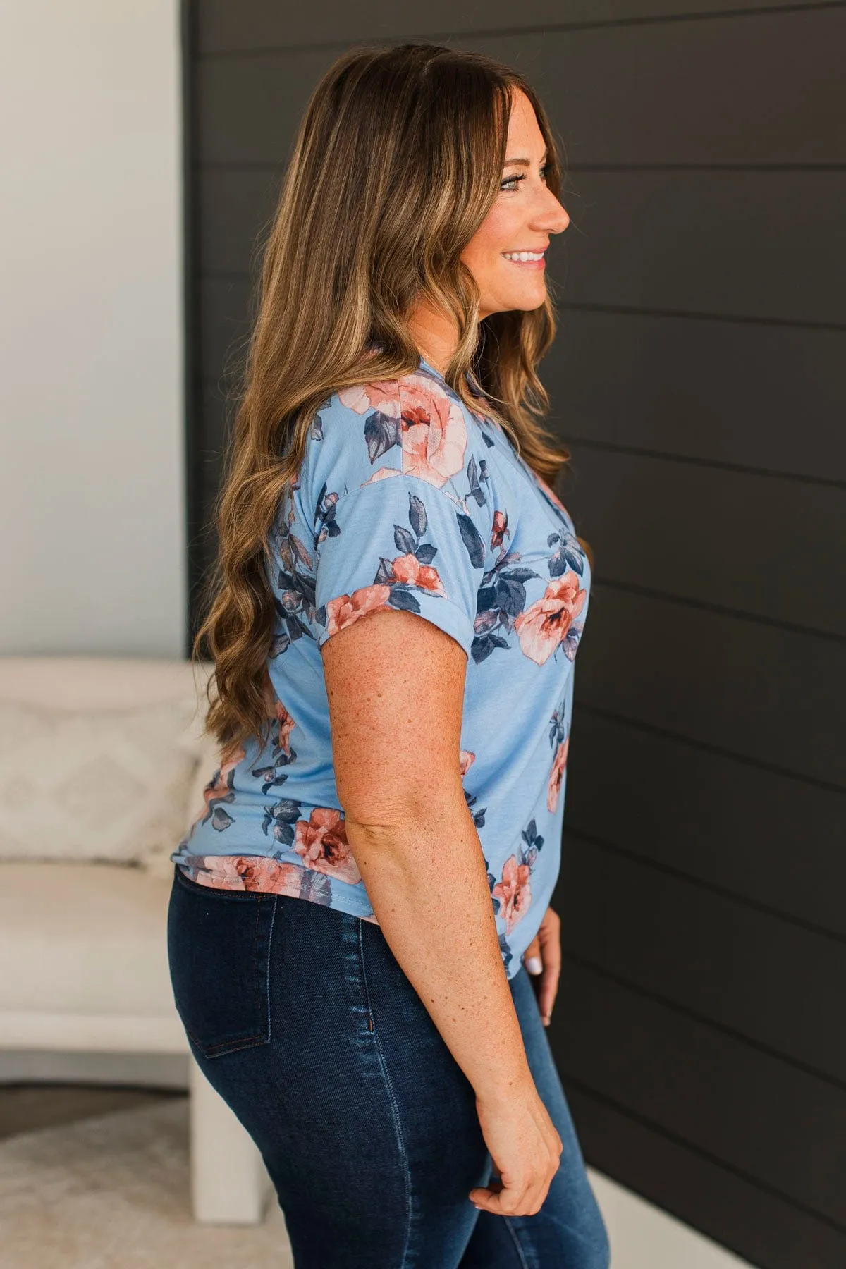 Think Of Me Floral V-Neck Top- Blue
