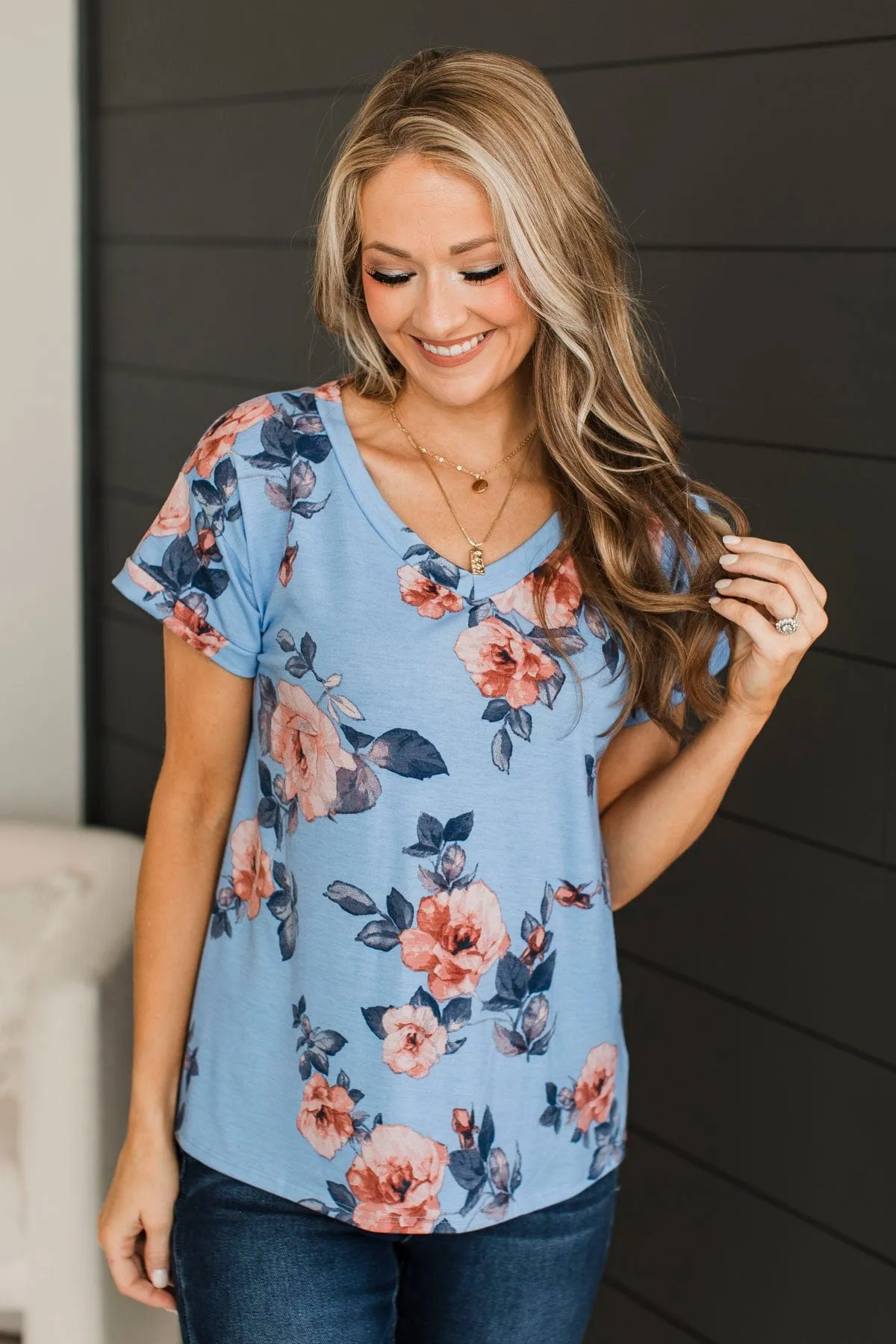 Think Of Me Floral V-Neck Top- Blue