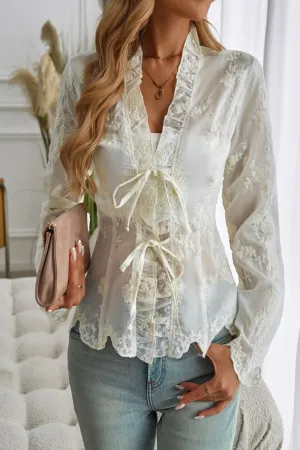 Tied Frill V-Neck Long Sleeve Lace Top