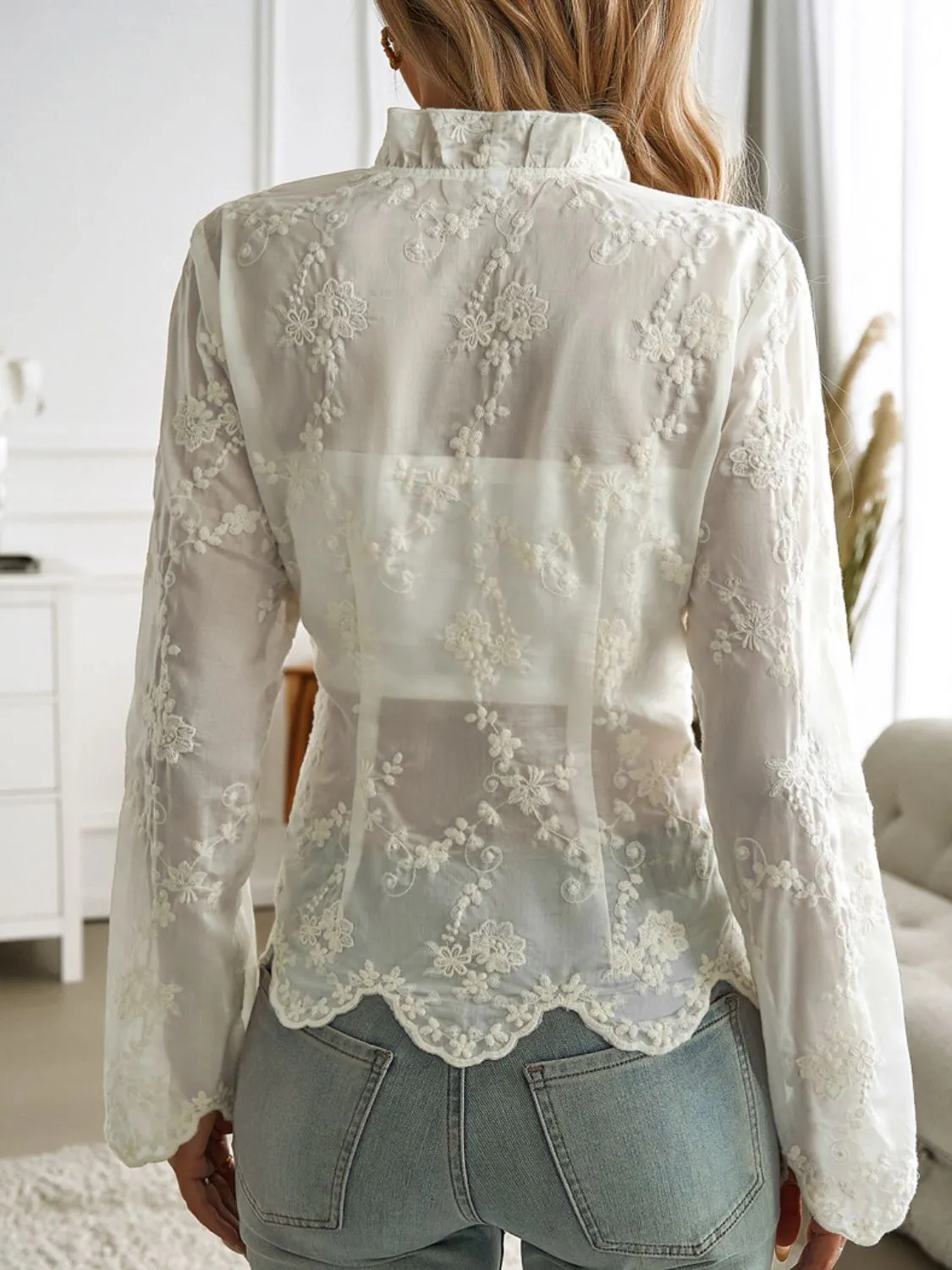 Tied Frill V-Neck Long Sleeve Lace Top