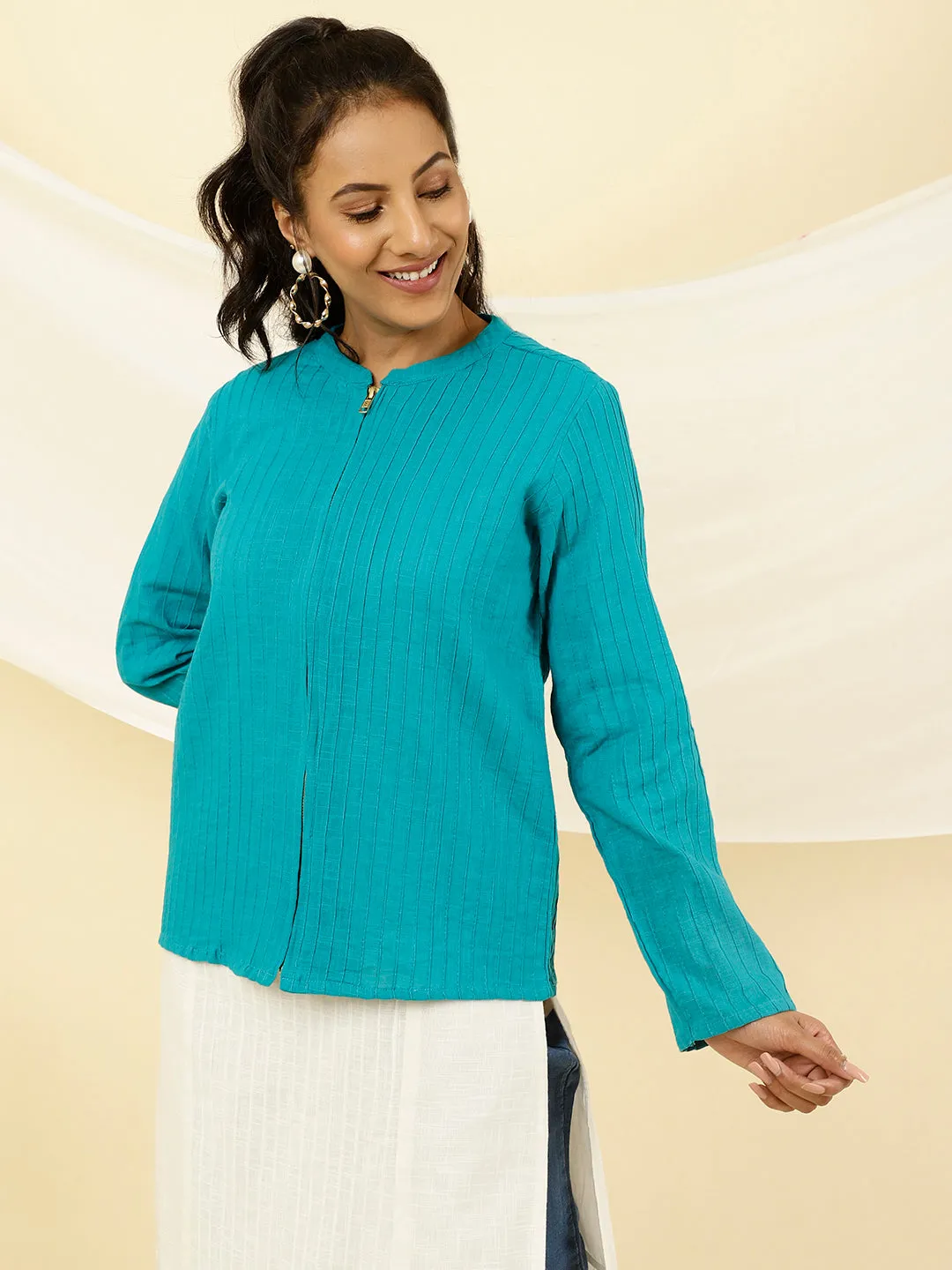 Turquoise Blue Pintuck Cotton Jacket Style Shirt