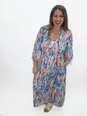 TURQUOISE PRINTED V NECK ELASTIC WAIST DRESS