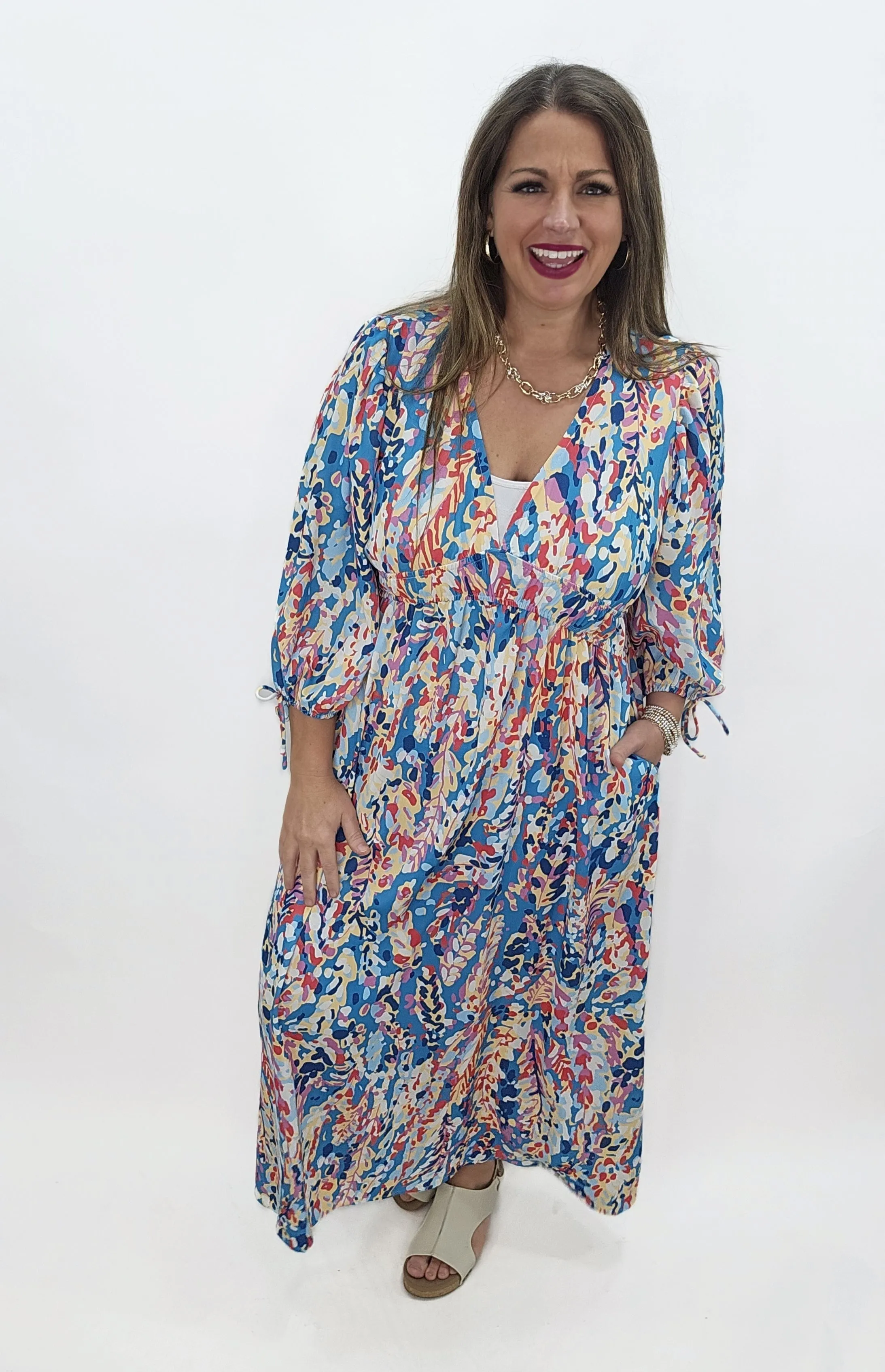 TURQUOISE PRINTED V NECK ELASTIC WAIST DRESS