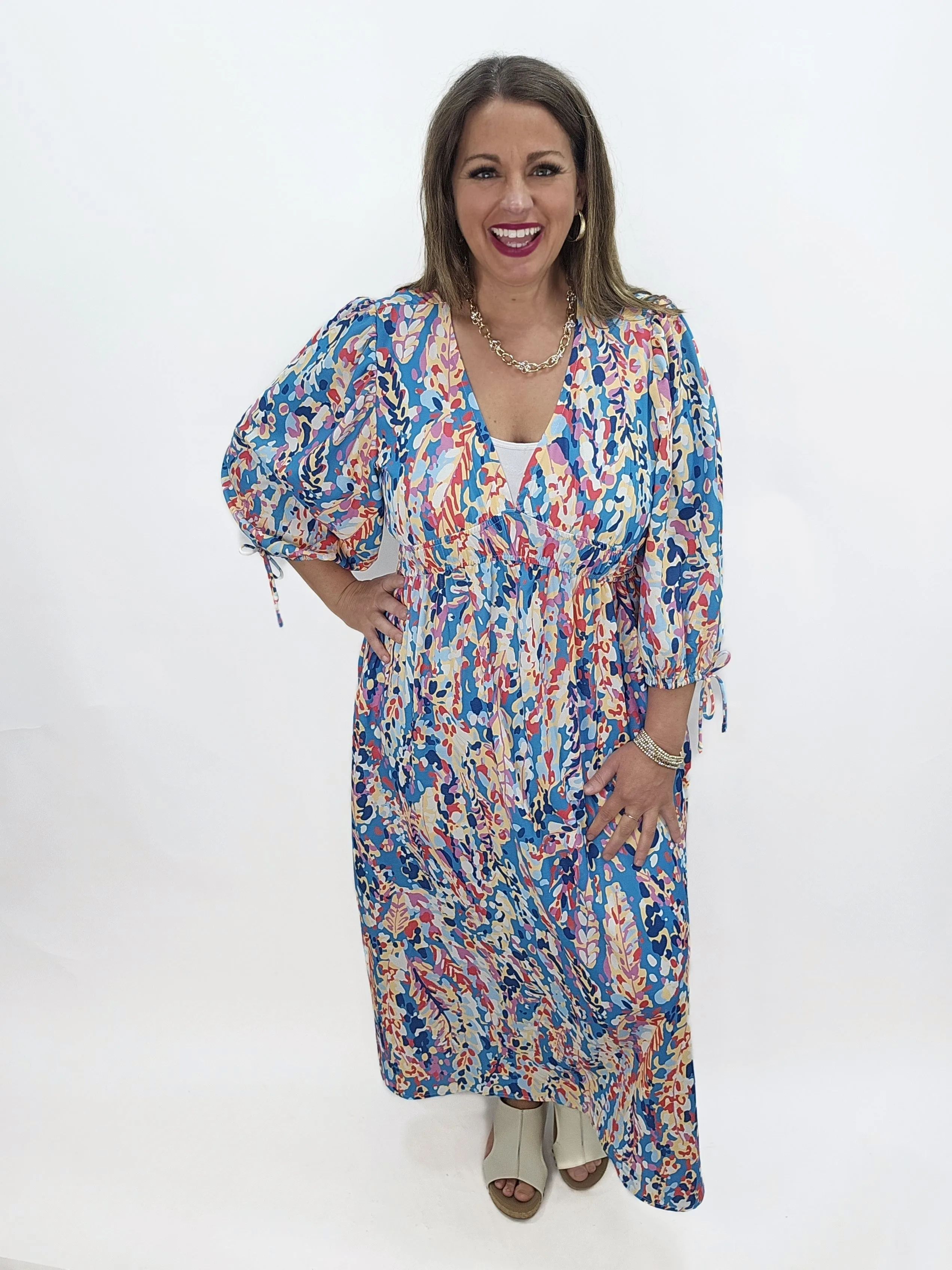 TURQUOISE PRINTED V NECK ELASTIC WAIST DRESS