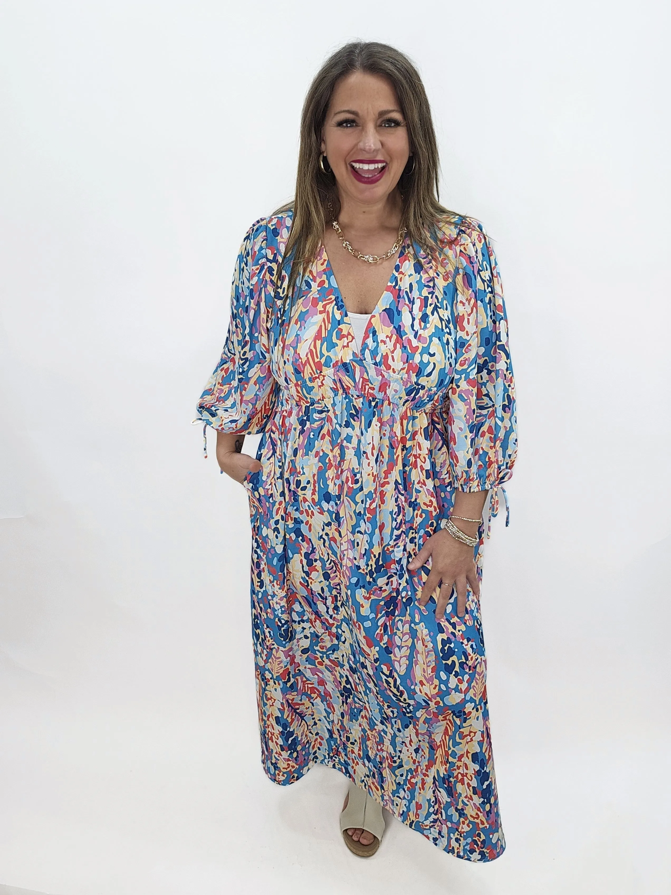 TURQUOISE PRINTED V NECK ELASTIC WAIST DRESS