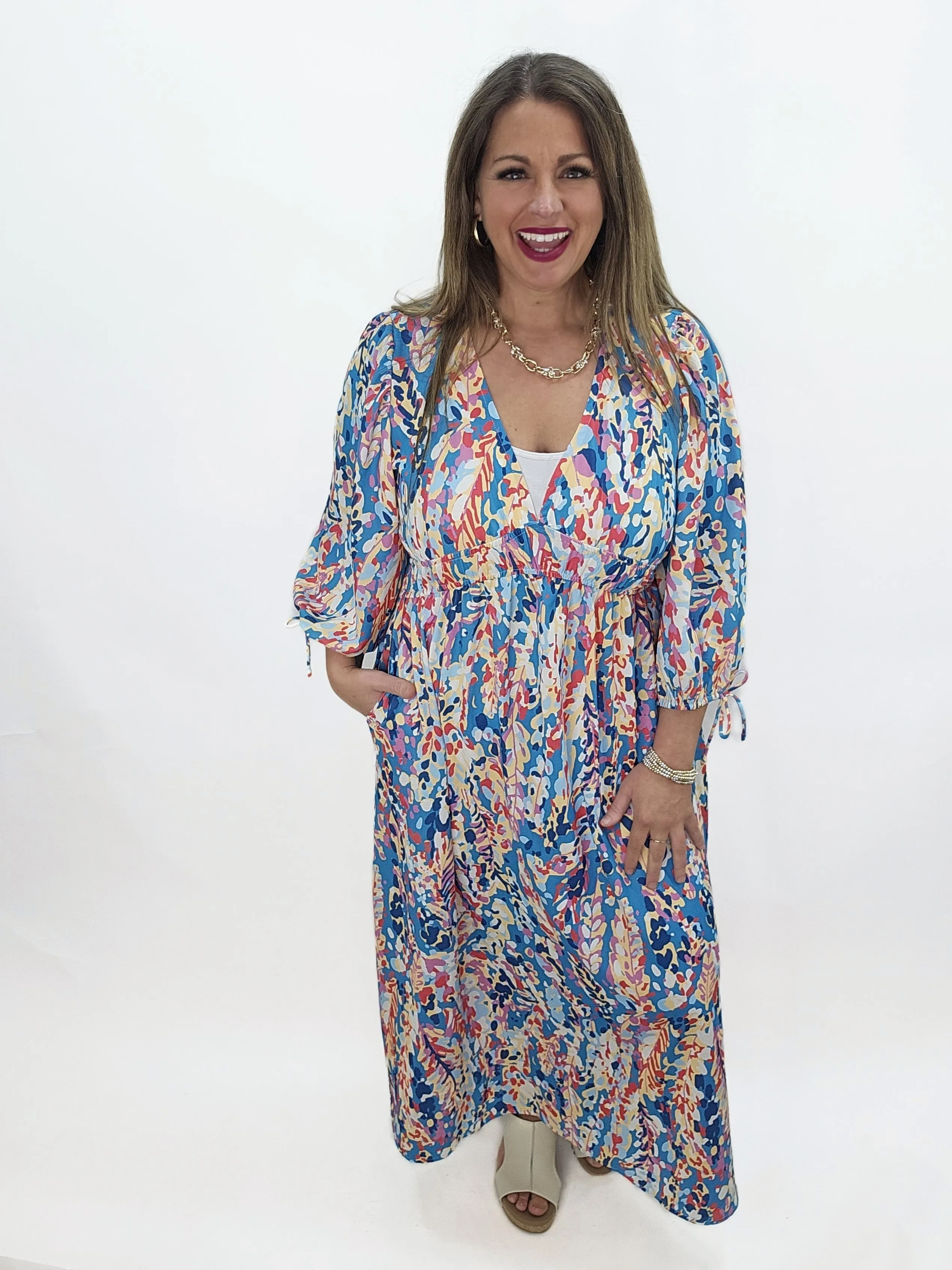 TURQUOISE PRINTED V NECK ELASTIC WAIST DRESS