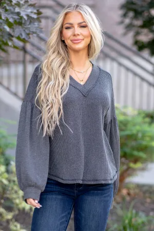 Two Tone Ribbed V-Neck Exposed Seam Top