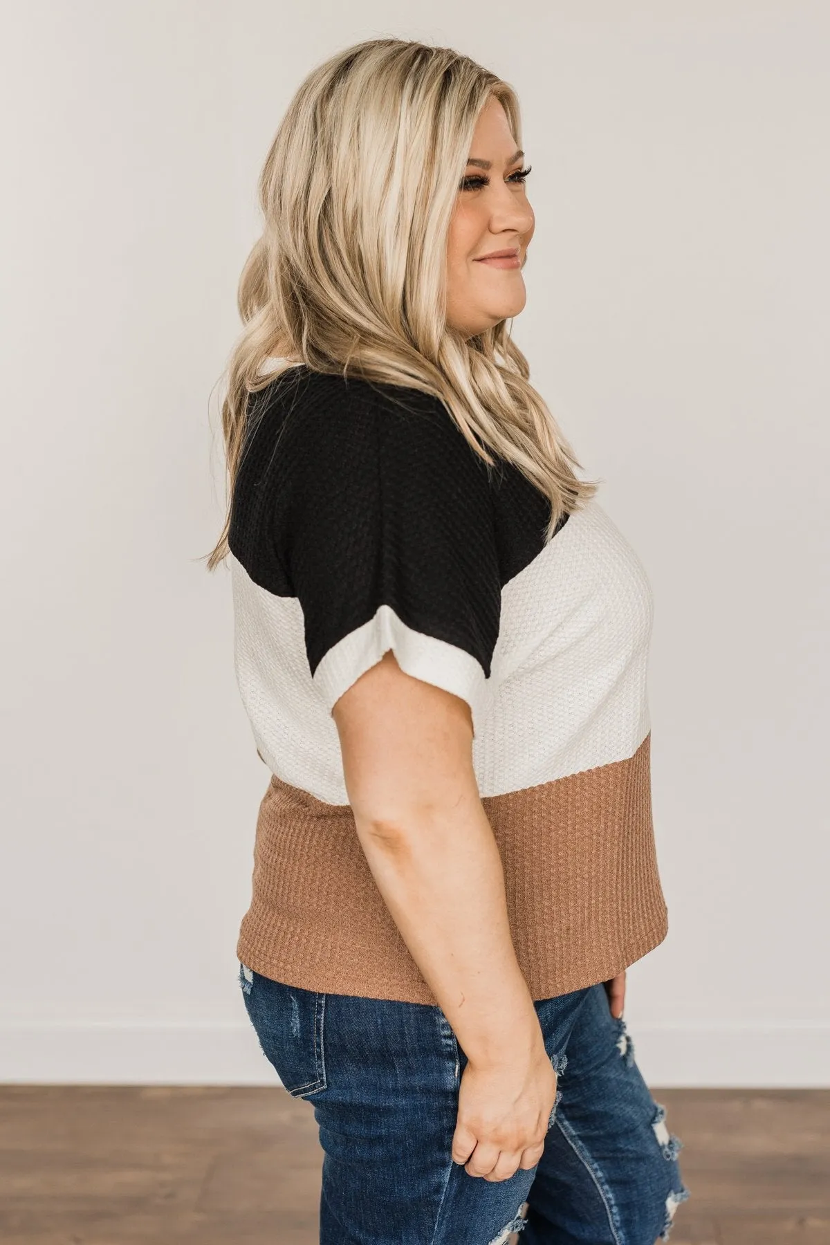 Unforgettable Fun Color Block Top- Black, Ivory & Mocha