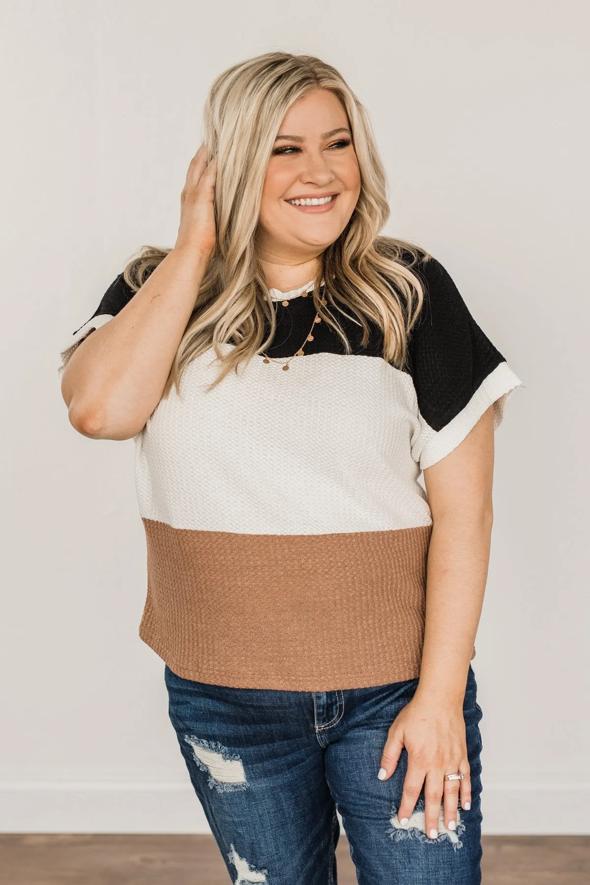 Unforgettable Fun Color Block Top- Black, Ivory & Mocha