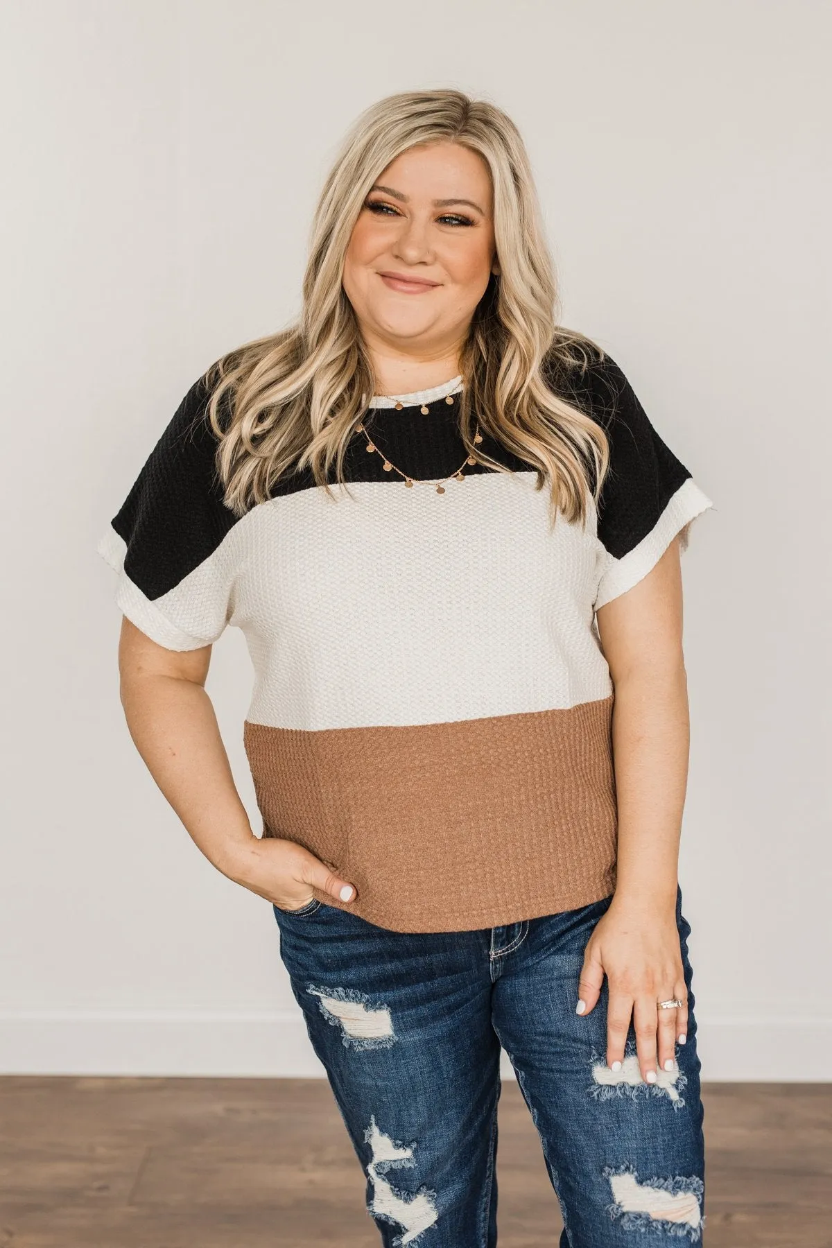 Unforgettable Fun Color Block Top- Black, Ivory & Mocha