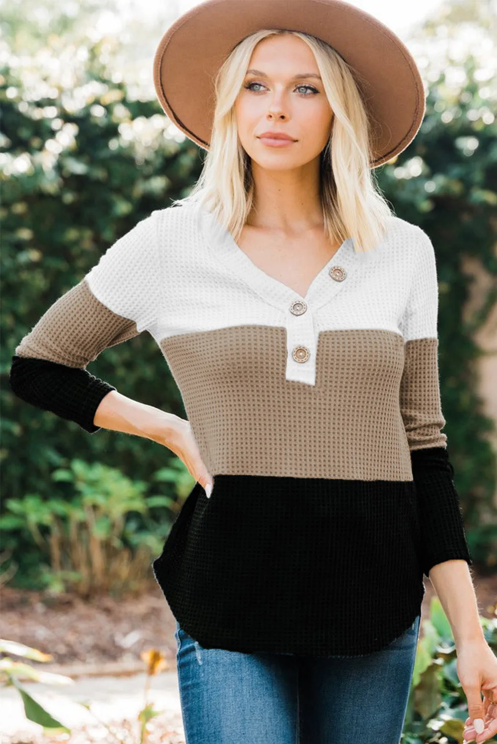 V-neck Color Block Button Waffle Knit Pullover