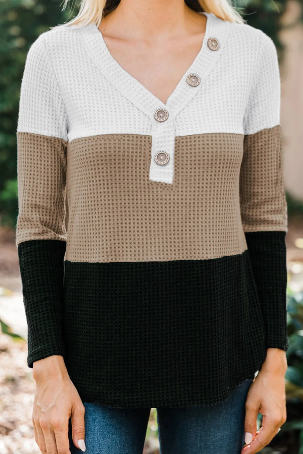 V-neck Color Block Button Waffle Knit Pullover
