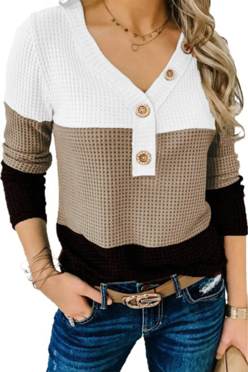 V-neck Color Block Button Waffle Knit Pullover