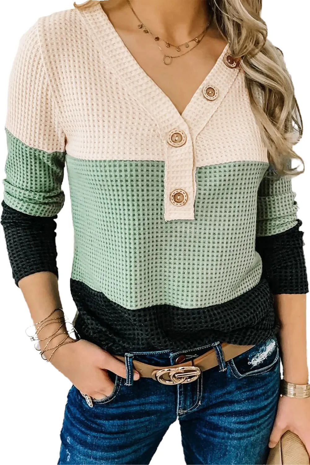 V-neck Color Block Button Waffle Knit Pullover