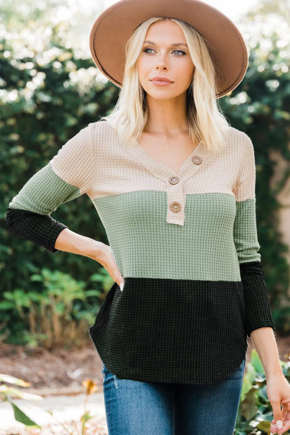 V-neck Color Block Button Waffle Knit Pullover