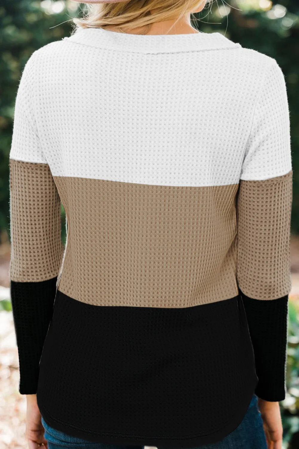 V-neck Color Block Button Waffle Knit Pullover