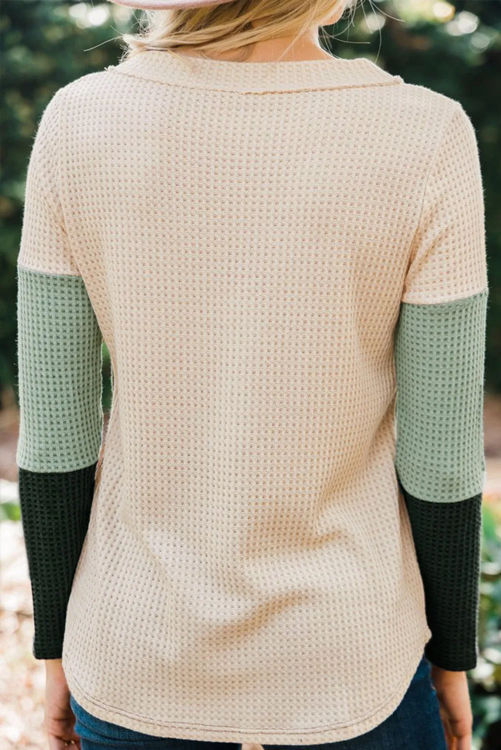 V-neck Color Block Button Waffle Knit Pullover
