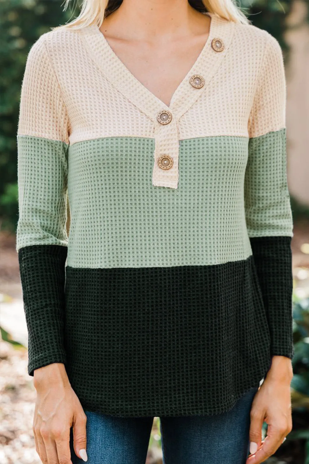V-neck Color Block Button Waffle Knit Pullover