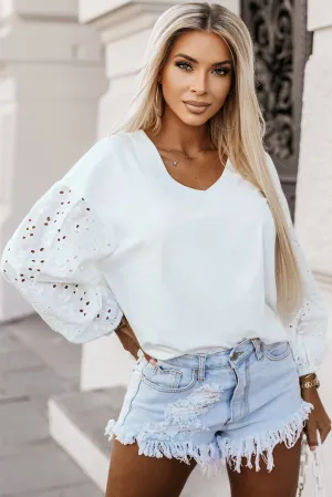 V-neck Embroidered Puff Sleeve Blouse