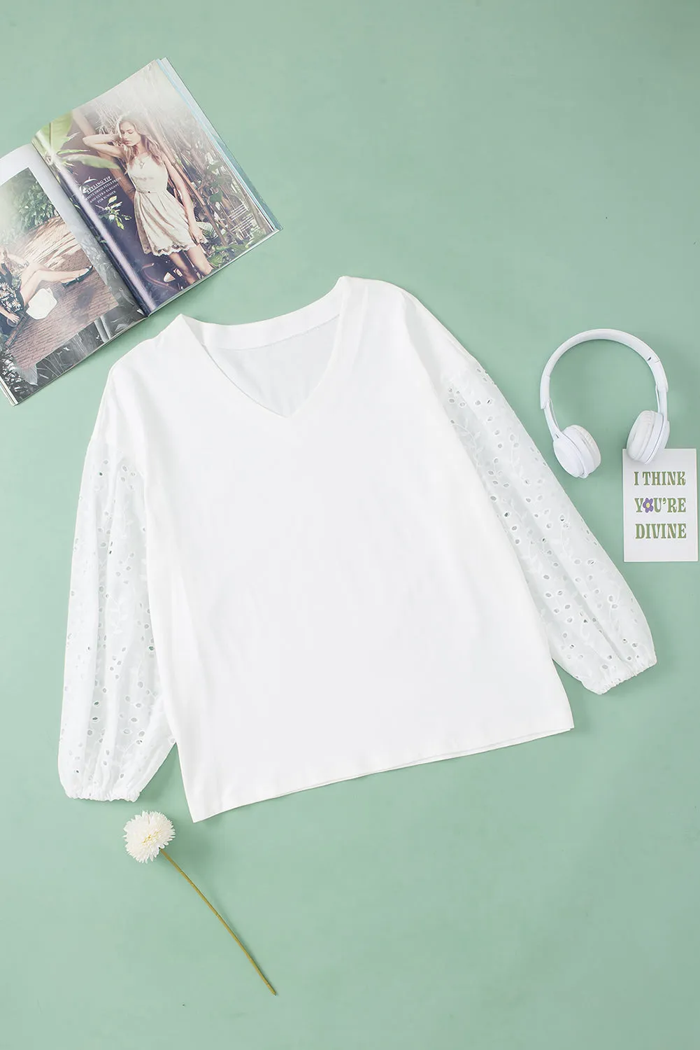 V-neck Embroidered Puff Sleeve Blouse