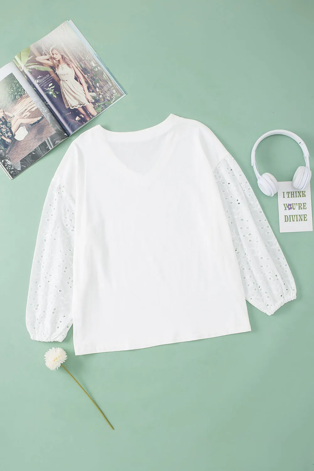 V-neck Embroidered Puff Sleeve Blouse