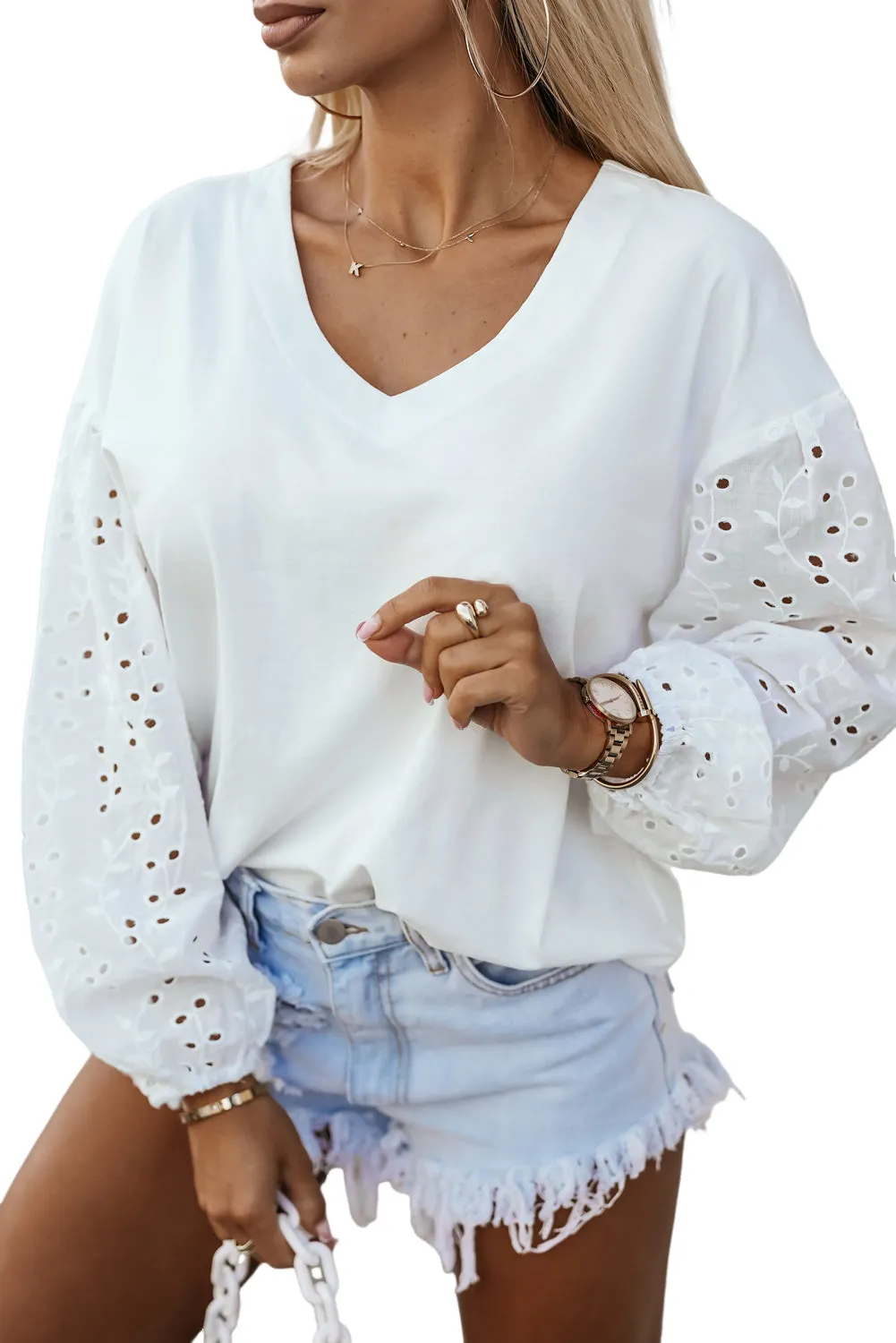 V-neck Embroidered Puff Sleeve Blouse