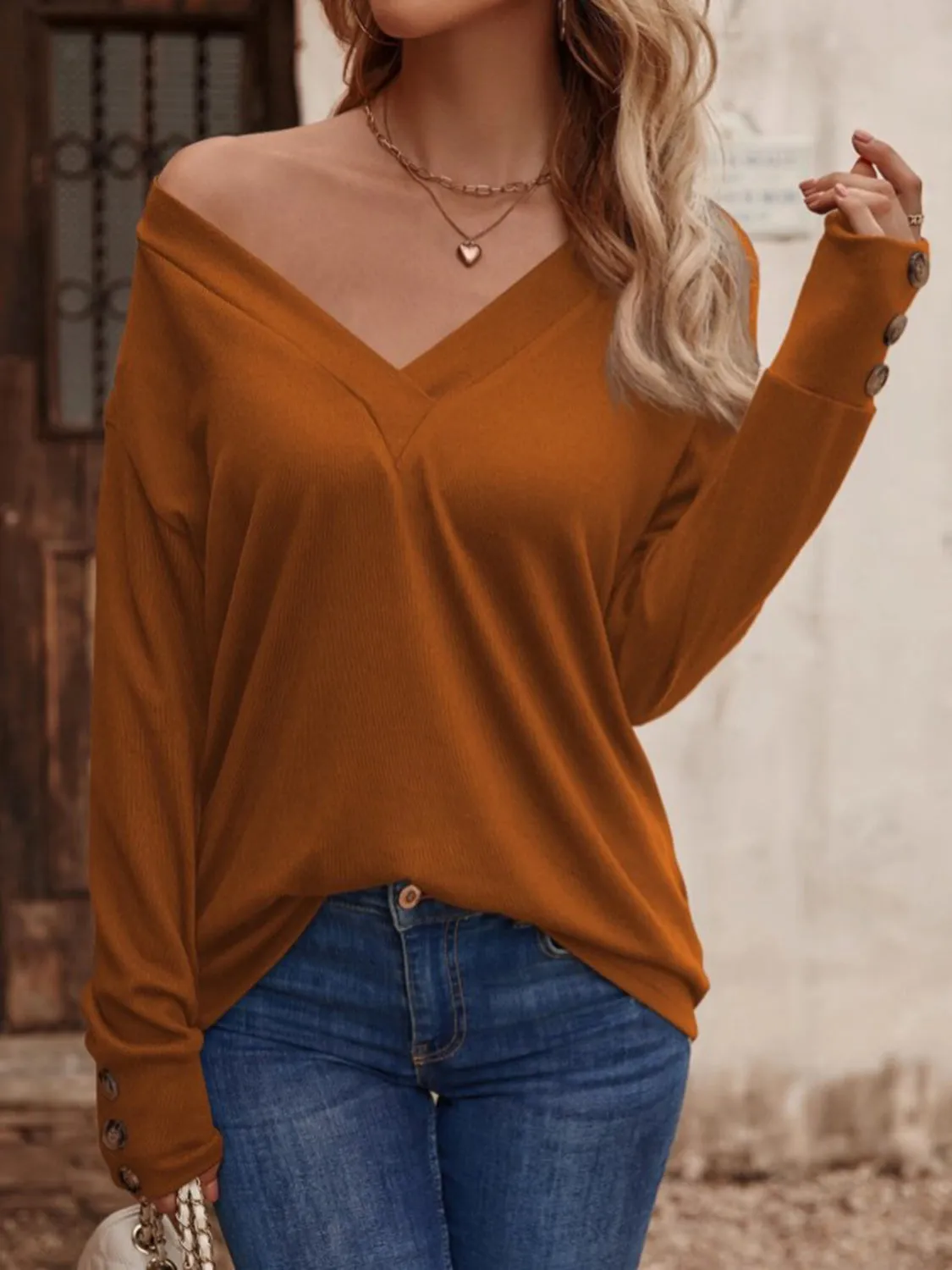 V-Neck Long Button Sleeve Top (8 Colors)