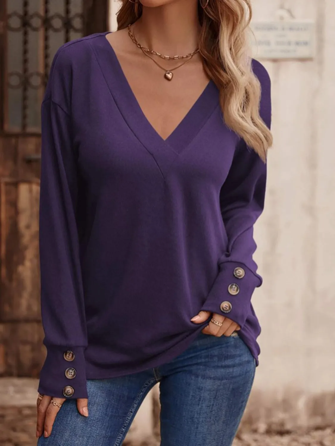 V-Neck Long Button Sleeve Top (8 Colors)