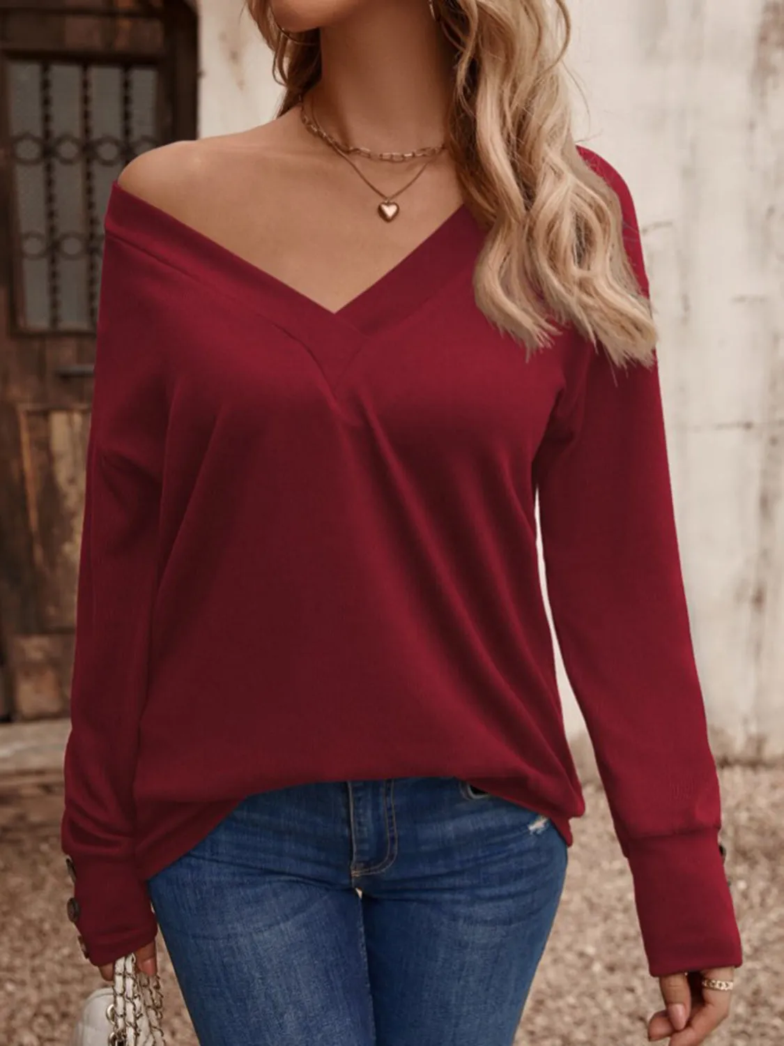 V-Neck Long Button Sleeve Top (8 Colors)
