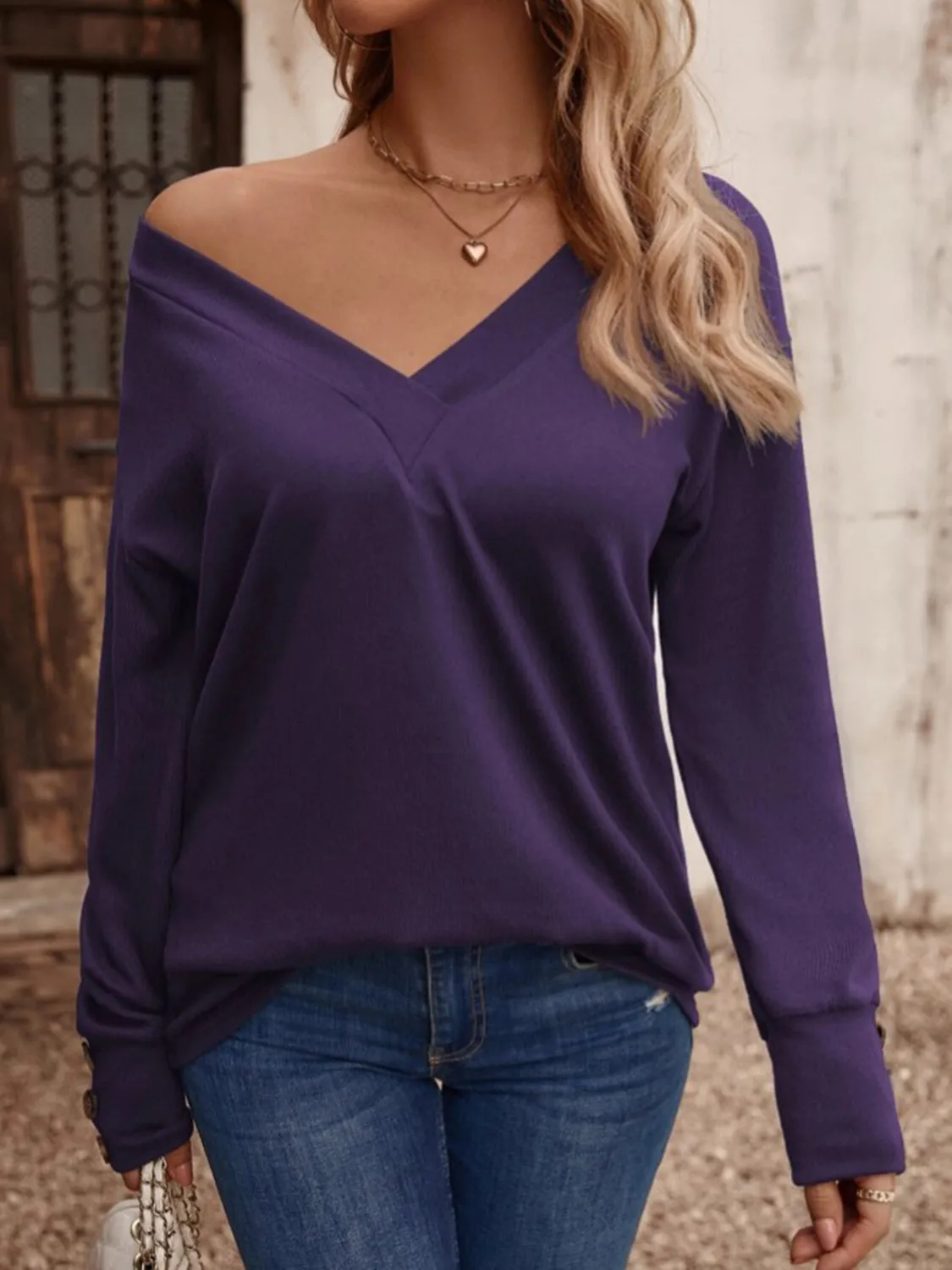 V-Neck Long Button Sleeve Top (8 Colors)