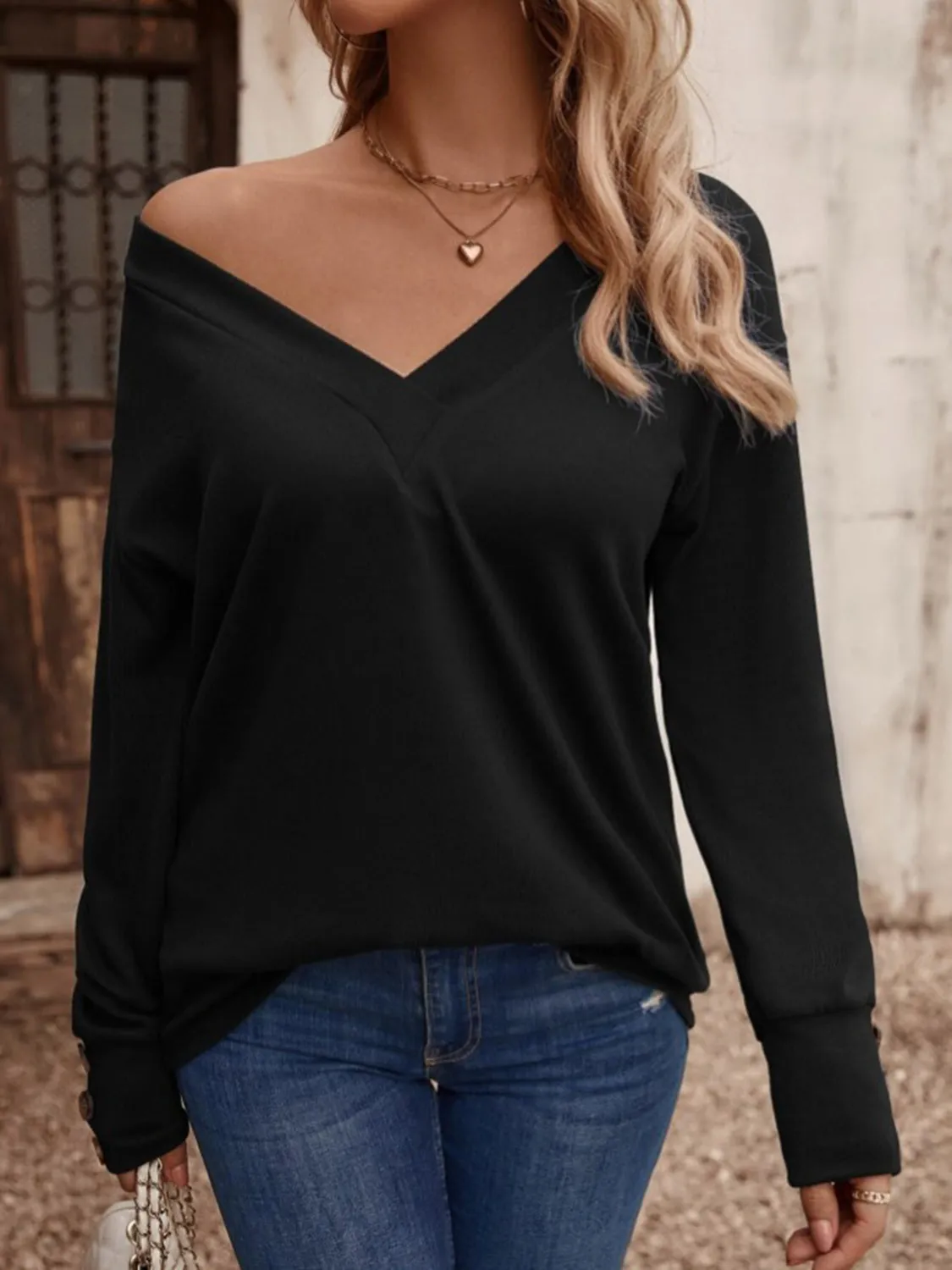 V-Neck Long Button Sleeve Top (8 Colors)