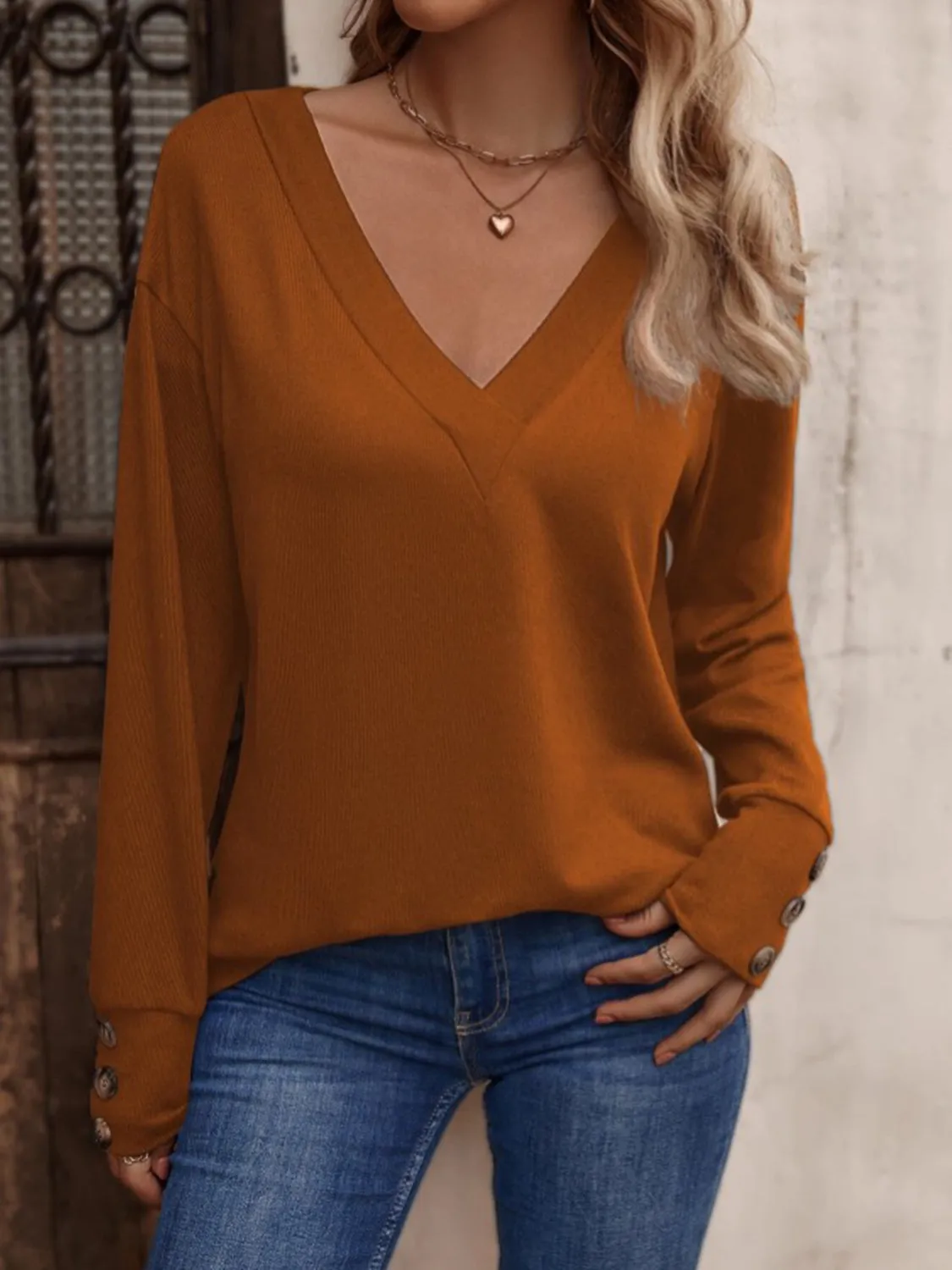 V-Neck Long Button Sleeve Top (8 Colors)