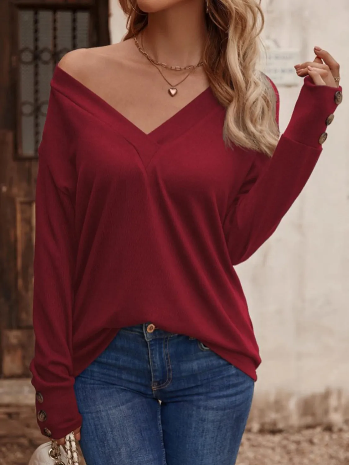 V-Neck Long Button Sleeve Top (8 Colors)