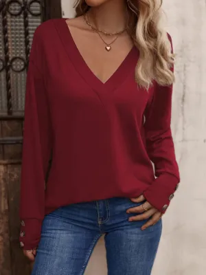 V-Neck Long Button Sleeve Top (8 Colors)