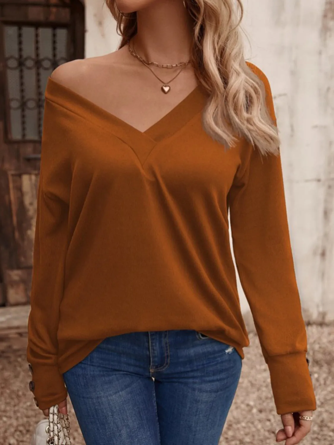 V-Neck Long Button Sleeve Top (8 Colors)