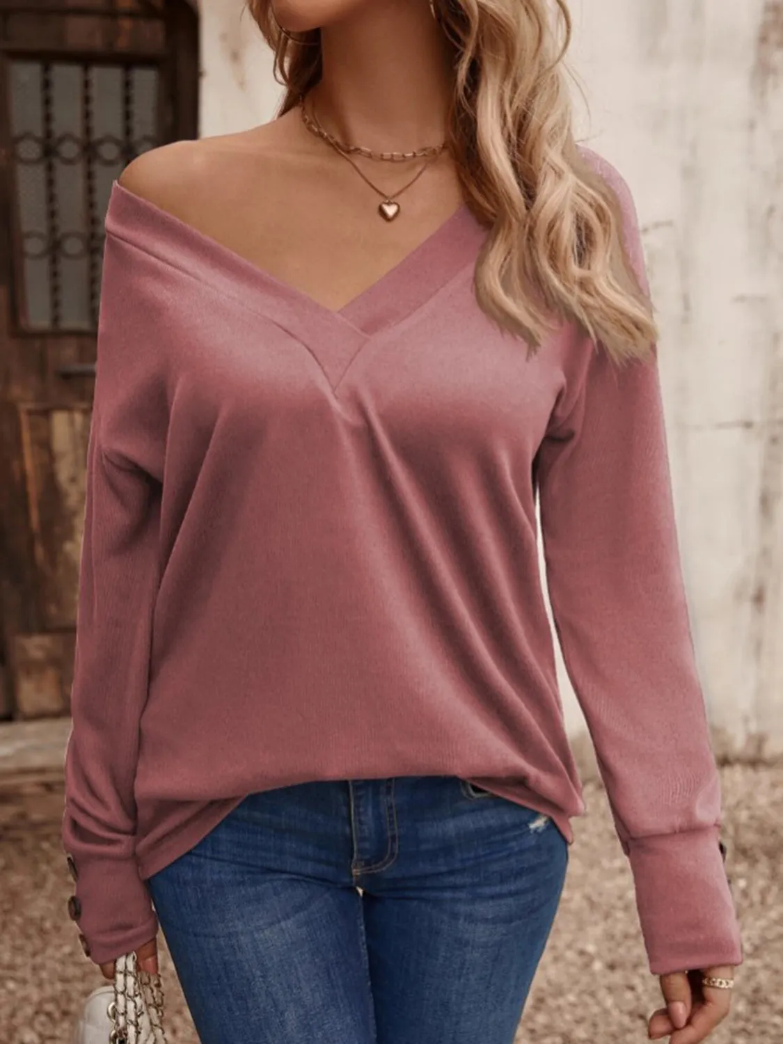 V-Neck Long Button Sleeve Top (8 Colors)