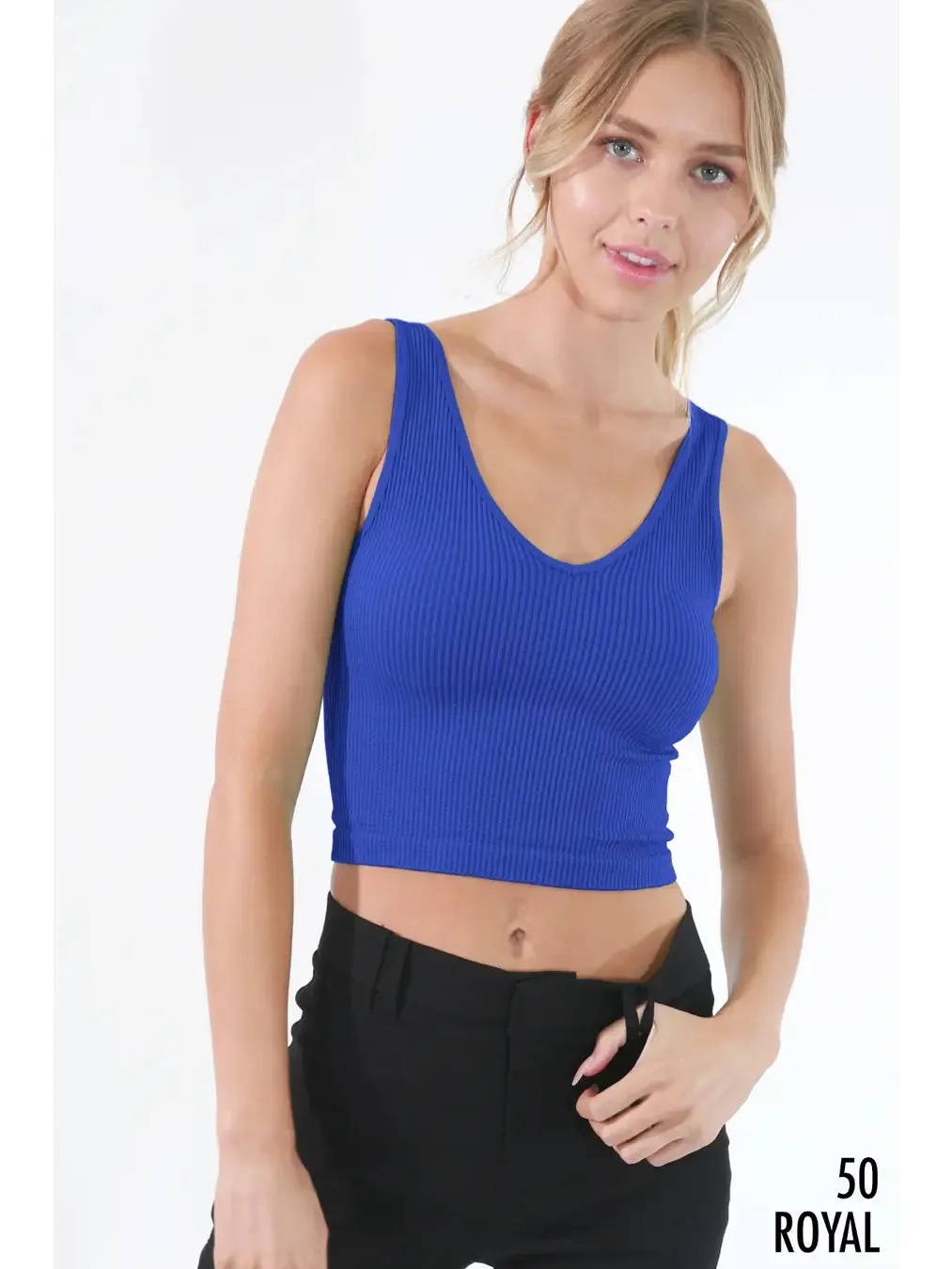 V Neck Ribbed Crop Top Royal Blue