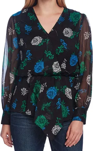 Vince Camuto Womens Bishop Sleeves V-Neck Peplum Top Black S