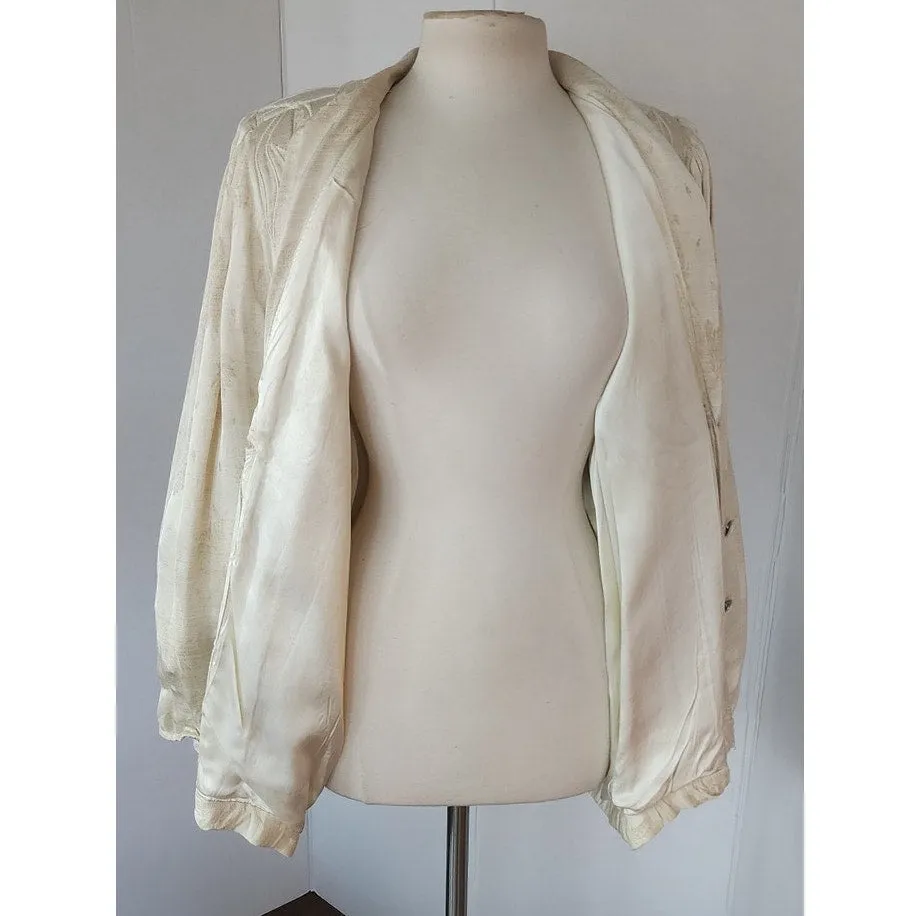 Vintage 80s Cream Blazer Oversized Artisinal Jacket w/Applique by Marilu / L