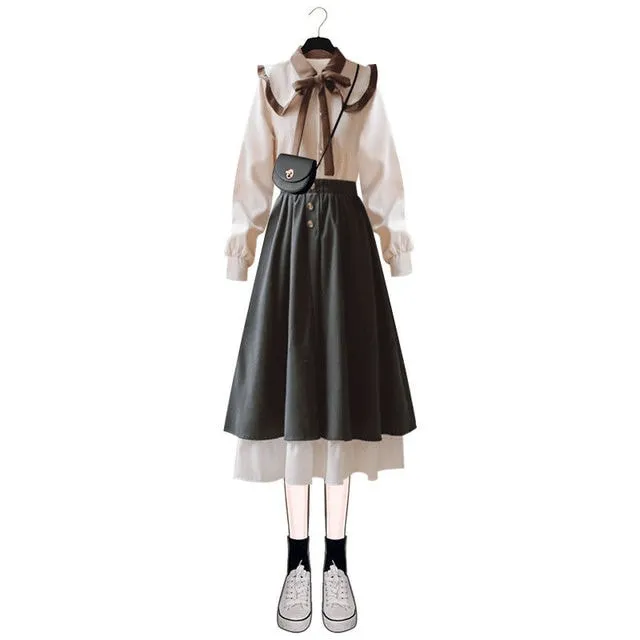 Vintage Shirt Long Skirt Two Piece Set