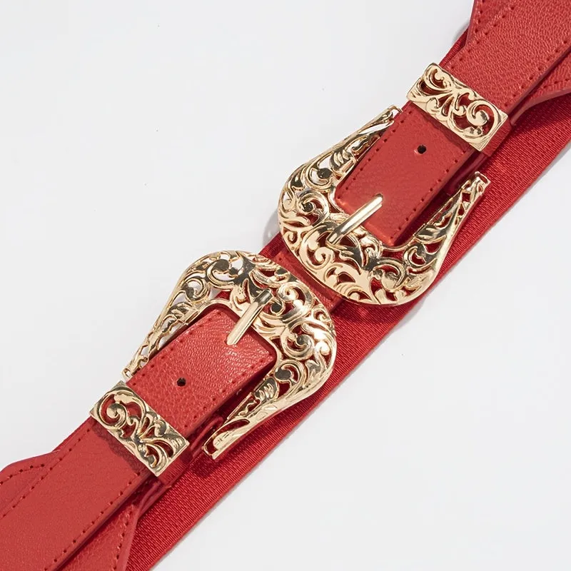 Vintage Style Elastic Waist Belt for Women Metal Buckle Casual Accessory