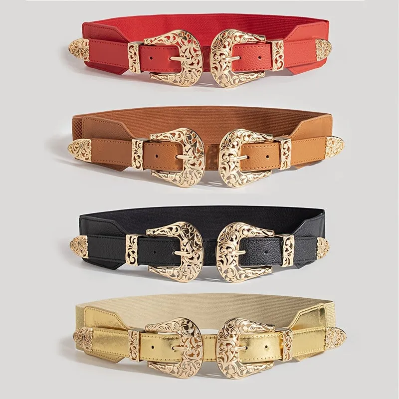 Vintage Style Elastic Waist Belt for Women Metal Buckle Casual Accessory