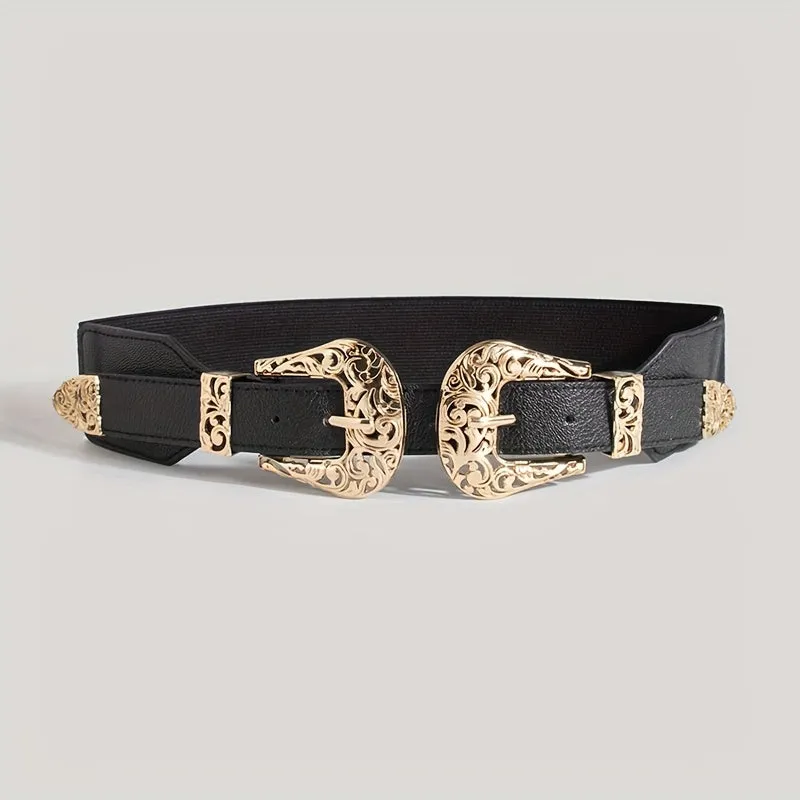 Vintage Style Elastic Waist Belt for Women Metal Buckle Casual Accessory